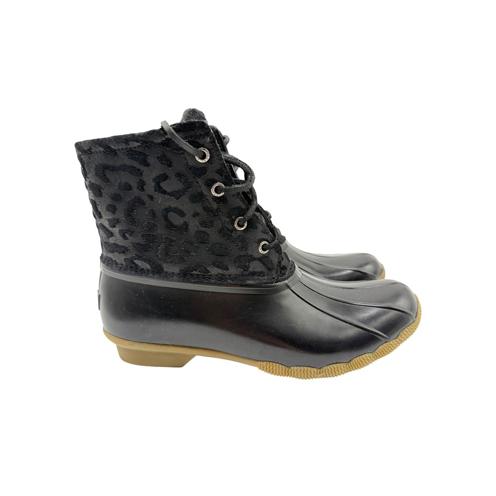Sperry Saltwater Duck Boots Women 9 Black Excellent Leopard Print STS87097